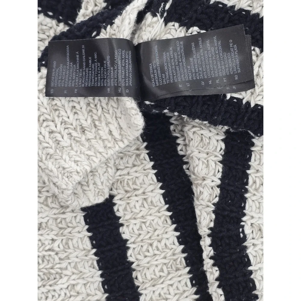 H&M Chunky Knit Sweater Women's Black Off-White Striped Loose Fit Pullover- L‎